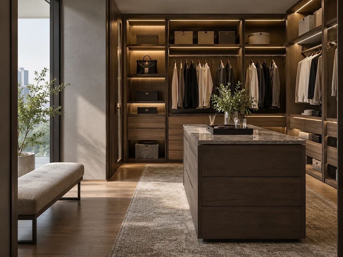 Walk-in Closet เก็บครบ หยิบง่าย — ภาพไอเดียสร้างด้วย AI ไม่ใช่ภาพถ่ายผลงานจริง