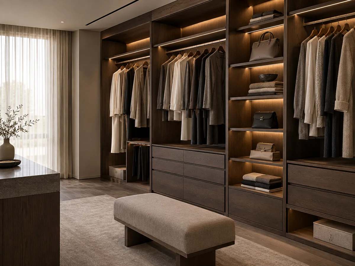 Walk-in Closet เก็บครบ หยิบง่าย ไอเดียมุมที่ 2 — ภาพไอเดียสร้างด้วย AI ไม่ใช่ภาพถ่ายผลงานจริง