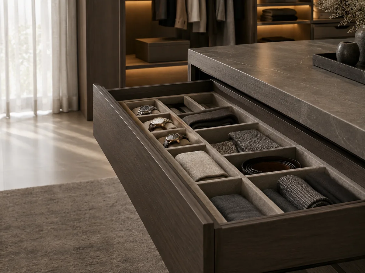 Walk-in Closet เก็บครบ หยิบง่าย ไอเดียมุมที่ 3 — ภาพไอเดียสร้างด้วย AI ไม่ใช่ภาพถ่ายผลงานจริง