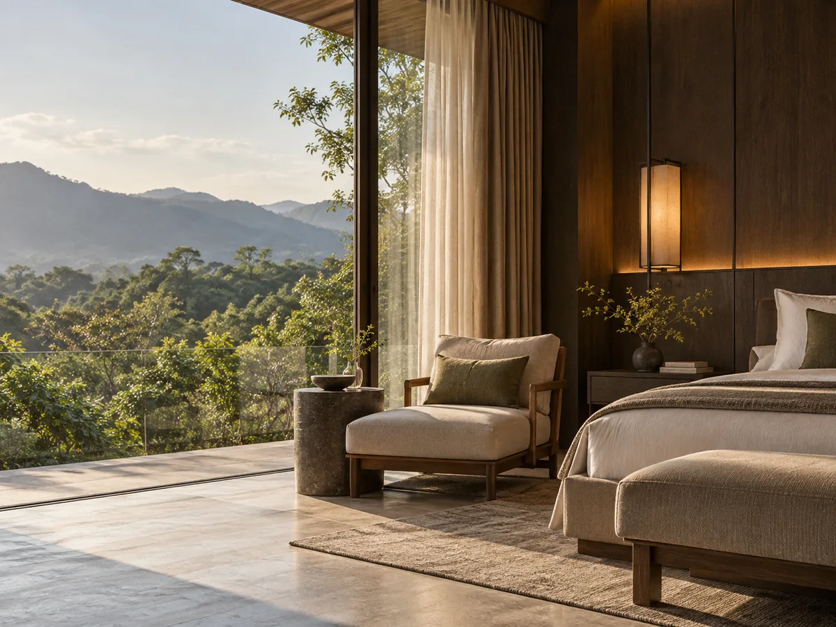 ห้องพักรีสอร์ตรับวิวภูเขา — ภาพไอเดียสร้างด้วย AI ไม่ใช่ภาพถ่ายผลงานจริง